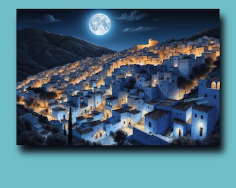 Chefchaouen Morocco Night Poster, Cityscape Wall Art