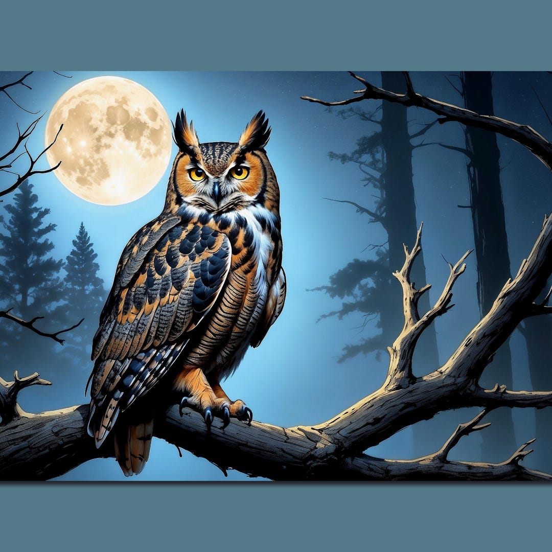 Owl Wall Art With Full Moon-mystical Night Wildlife Print - Etsy