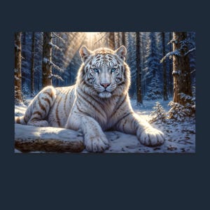 May include: A majestic white tiger with striking blue eyes rests in a snowy forest scene. The tiger's fur displays subtle brown stripes. Sunlight streams through the trees, illuminating the winter landscape. A beautiful depiction of wildlife.