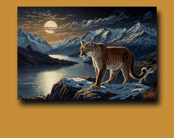 Könnte beinhalten: Ein brauner und brauner Puma steht auf einer felsigen Klippe mit Blick auf einen See und schneebedeckte Berge unter einem Vollmond.