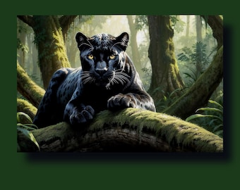 Muurkunstdruk Black Panther in zonovergoten jungle: grote kat