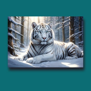 May include: A majestic white tiger with striking blue eyes rests in a snowy forest. The tiger's fur is a pristine white with black stripes. The background features snow-covered trees and a soft, diffused light.