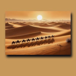 Può includere: Dipinto di un paesaggio desertico con una carovana di cammelli che attraversa dune di sabbia sotto un sole splendente. L'opera è dominata da toni caldi di arancione e marrone, creando una scena serena ed espansiva.