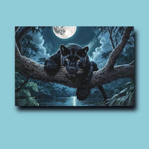 May include: A black panther with yellow eyes rests on a tree branch, lit by a full moon in a night scene. The artwork depicts a jungle setting with a river and lush foliage.