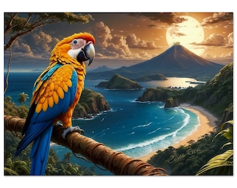 Poster con pappagallo in Costa Rica: stampa artistica sulla spiaggia al tramonto tropicale
