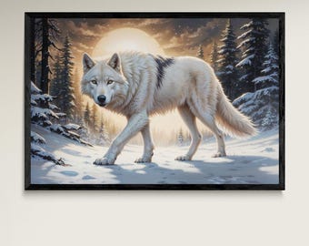 Può includere: Opera d'arte incorniciata raffigurante un lupo bianco con una macchia nera sulla schiena, che cammina in una foresta innevata. Lo sfondo include alberi innevati e un sole luminoso. L'opera è in una cornice nera.