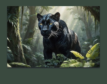 熱帯雨林の大きな猫、ブラックパンサー - 野生動物プリント