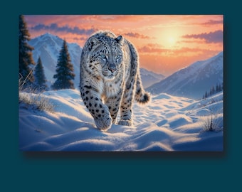 以下が含まれることがあります： 雪豹が雪山を歩いています。大きな猫は斑点のある毛皮と青い目をしています。背景には雪をかぶった山、常緑樹、オレンジとピンクの色合いの夕日があります。