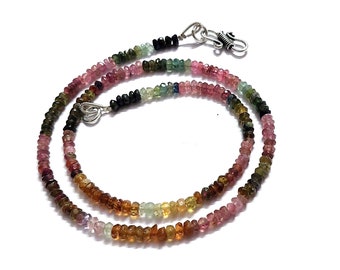 Necklace Multi Tourmaline Rondelle Faceted 3-4mm Gemstone Beads, 925 Sterling Silver Lock