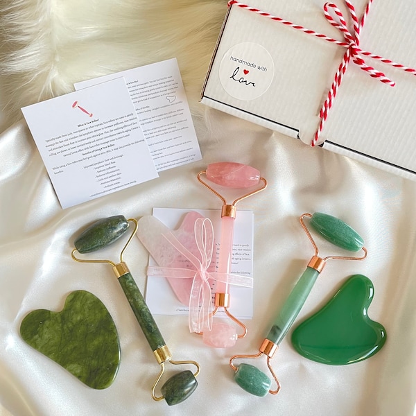 Crystal Gua Sha Tool, Jade Face Roller, Facial Roller Set, Natural Stone Body and Facial Massage Tool, Scraping Plate, Skin Care Tool Gift