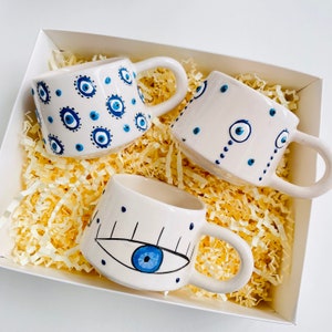Handmade Ceramic Mug, Evil Eye Mug, Coffee Mug, Tea Mug, Coffee Lover Gift, Evil Eye Gift Idea,  Housewarming Gift, Greek Gift, Hygge Gift