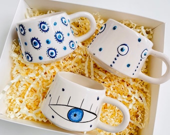 Handmade Ceramic Mug, Evil Eye Mug, Coffee Mug, Tea Mug, Coffee Lover Gift, Evil Eye Gift Idea,  Housewarming Gift, Greek Gift, Hygge Gift