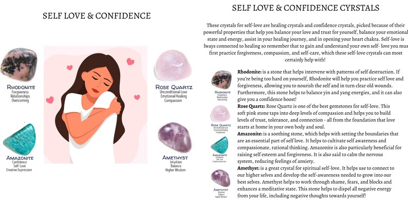 Self Love & Confidence Crystal Set, Crystal Healing Set, Healing Crystal Kit, Healing Stones Set, Self Care Kit, Crystals Gift Set, Crystals image 2