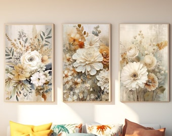 Floral WildFlowers Art Watercolour set of 3 prints, neutral botanical boho printable wall art, Digital Download