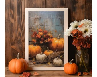 Vintage Farmhouse Decor Printable Wall Art, Pumpkin Oil Painting Style, Rustic, Vintage Wall Art, Printable Download.