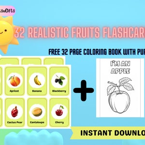 REALISTIC FRUITS 32 Flashcards For Kids, Montessori, Nomenclature Flashcards, Coloring Book, Printable, Learning Fruits, Gift For Kids