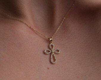 Cross Necklace, Flower Cross Pendant, Zirconia Cross Necklace For Women, Handmade Gold Necklace, Christian Necklace, Bridesmaid Gift