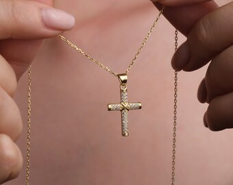 Cross Pendant With Zirconia, Gift Cross Necklace, Dainty Cross Necklace For Women, Gold Ornate Cross Pendant, Mothers Day Gift, Gift For Mom