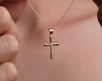 Cross Necklace, Cross Pendant With Zirconia, Modern Cross Necklace, Handmade Gold Cross, Mothers Day Gift, Gift for Mom, Gift for Grandma