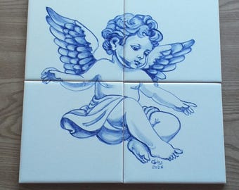 Panel de azulejos portugueses pintados a mano – Querubín tradicional azul y blanco – Arte mural de azulejos hecho a mano