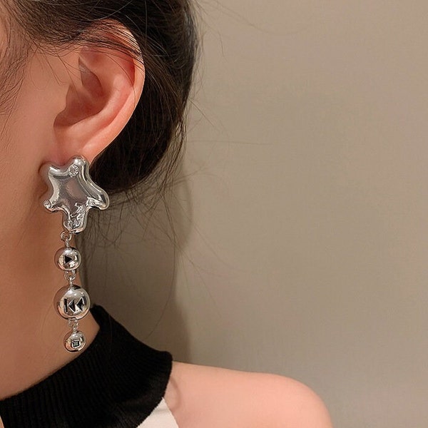 Y2K Bulky Korean Star Earrings, Futuristic Cyberpunk Earrings, Opal Metal Silver Drop Earrings, Trendy Korean Jewelry for Women