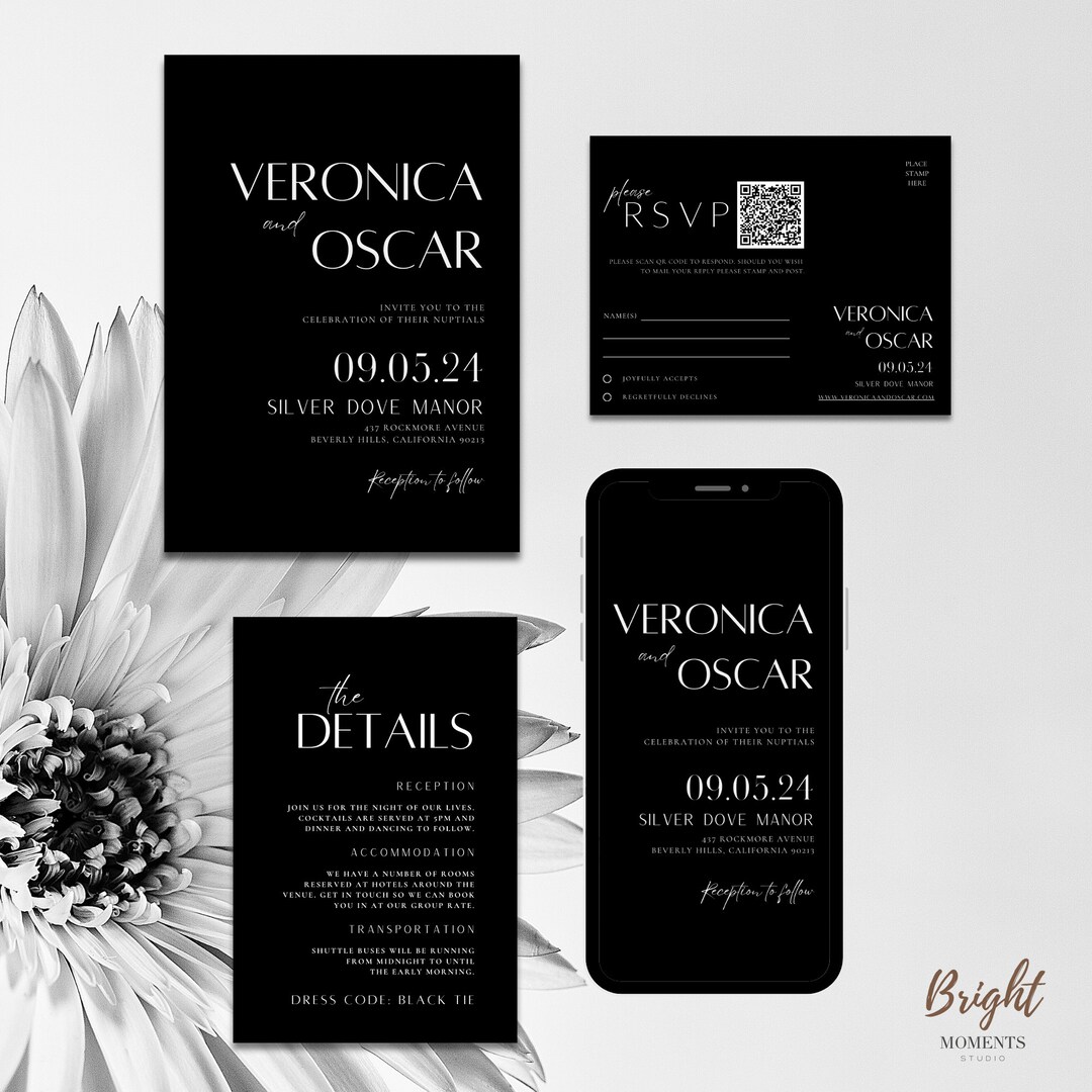 Black and White QR Code Wedding Invitation Template Suite Etsy