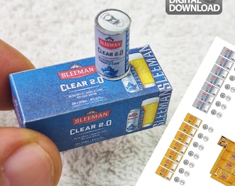 ミニチュアビール缶＆ボックステンプレート｜デジタルダウンロードドリンクボックスセットテンプレート｜ドールハウスドリンク