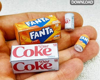 Sjabloon miniatuur Fanta & Diet-colablikjes | Sjabloon voor digitale downloadset voor drankjes | Minidrankjes