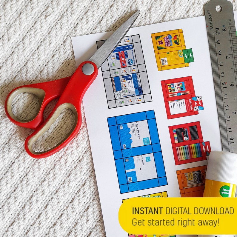 May include: Printable digital download of a set of colorful boxes with different school supplies, including crayons, pencils, and copy paper. The boxes are arranged in a grid pattern on a white background. The text "INSTANT DIGITAL DOWNLOAD Get started right away!" is at the bottom of the image.