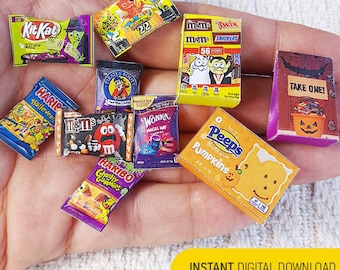 12種類のミニハロウィンスナックテンプレート（印刷可能なミニチュアフードボックス、デジタルダウンロード）