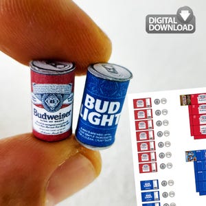 May include: Miniature Budweiser and Bud Light beer cans. The Budweiser can is red with white text and a logo. The Bud Light can is blue with white text. The image also includes a "DIGITAL DOWNLOAD" graphic.