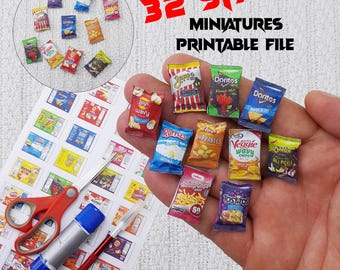32 Style DIY Miniature Chips Bags Digital Template – Printable Snack Packaging for Dollhouse, Mini Food, DIY Craft, Mini Grocery Store