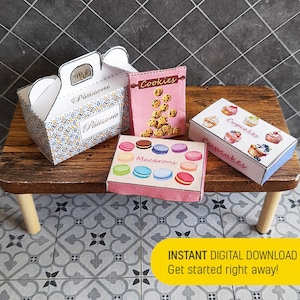 Miniature Bakery Box Template 4 style Patisserie Food Box Cupcake/Macaron/cake and Cookies Digital Download Printable Miniature