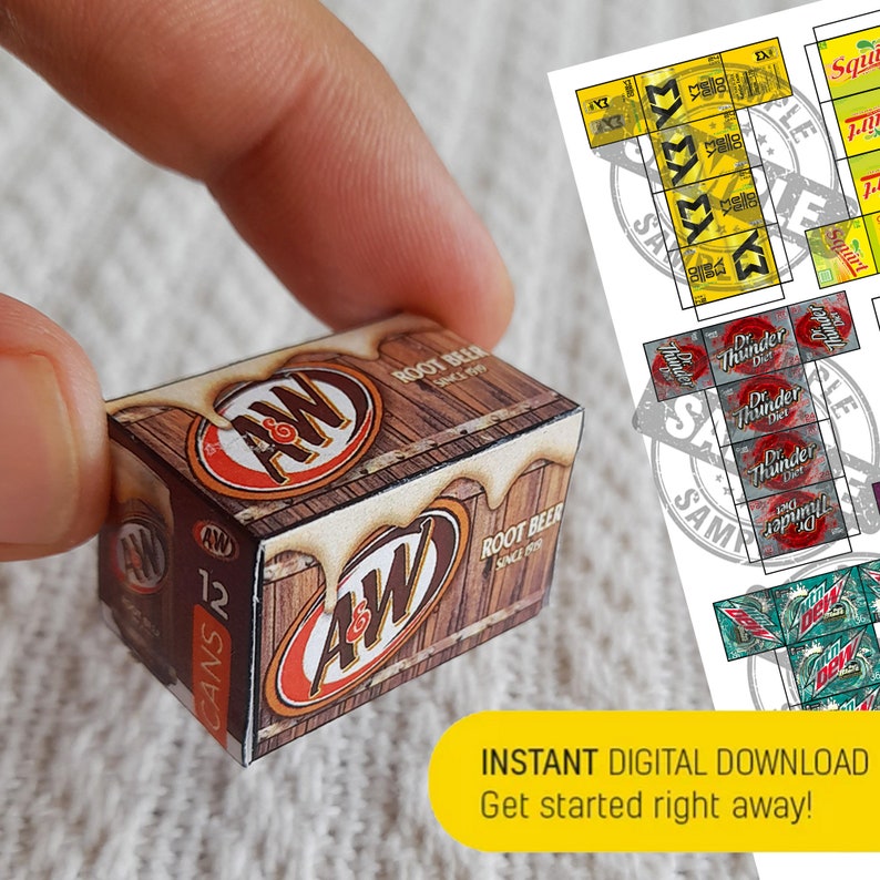 May include: A miniature cardboard box of A&W Root Beer, featuring the iconic A&W logo and a wooden barrel design. The box is labelled "12 CANS" and "ROOT BEER SINCE 1919".