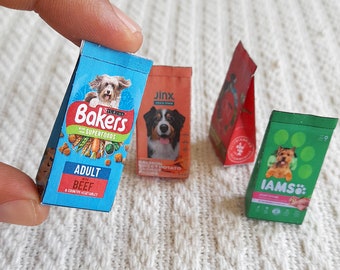 8 modelos de caixas de ração e biscoitos em miniatura para cães, arquivos digitais imprimíveis, download digital de comida em miniatura para cães de casa de bonecas.