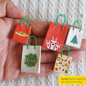 Modèle de sac cadeau de Noël miniature 8 Style sac à provisions miniature Design de Noël imprimable en téléchargement numérique