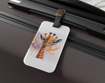 Customised Linda name printed on Luggage Tag for giraffe pet lover gift ideas