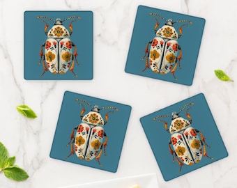 Coaster Scarabeus Sacer, Coaster Set, Art Coaster, Acrylic Coasters (Set of 4) with Holder