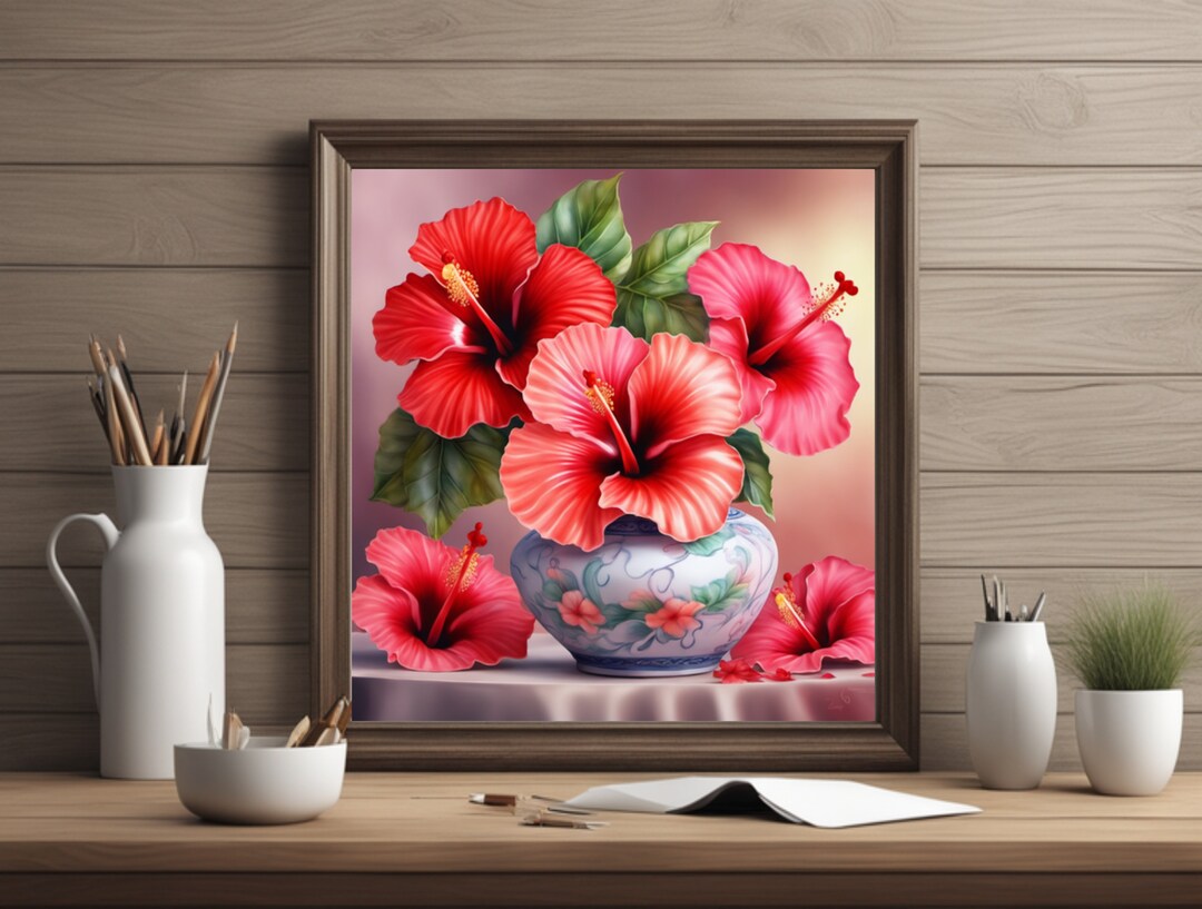 Printable Wall Art Set of 5 Digital Paintings of Hibiscus Etsy