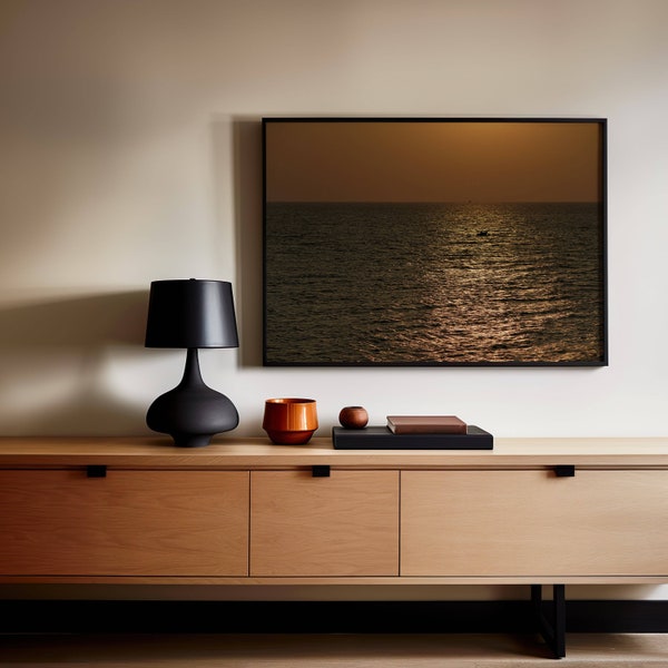 Golden Sunset Ocean Print - Digital Download, Solitary Boat Silhouette, Peaceful Seascape, Reflective Water Wall Art