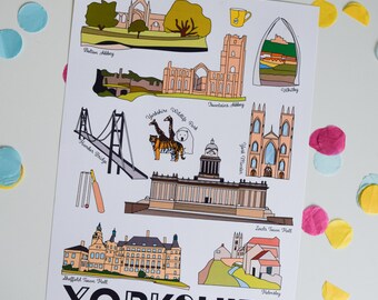 May include: A colorful illustration of landmarks and attractions in Yorkshire, England. The illustration includes Bolton Abbey, Fountains Abbey, Whitby, the Humber Bridge, Yorkshire Wildlife Park, York Minster, Leeds Town Hall, Sheffield Town Hall, and Helmsley. The text "YORKSHIRE" is written in bold black letters at the bottom of the illustration.