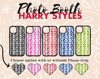 May include: Phone cases featuring a repeating pattern of a person's face in black and white, pink, red, blue, and green. The text "Photo Booth" and "HARRY STYLES" is displayed above the cases. Heart-shaped phone grips are also shown below the cases.