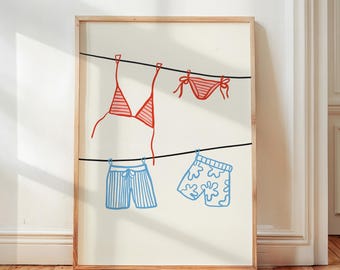 Striped Bikini Swimwear Print, Coastal Summer Wall Art, Trendy Home Decor, Beachy Wall Art, Couple's Funny Bikini and Swim Trunks Print