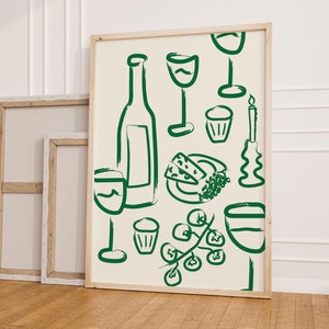 Retro wijn en kaas poster, keuken muurkunst, appartement decor, wijnprint uit het midden van de eeuw, tafelposter eten, handgetekende eetkamer muurkunst