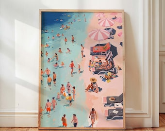 Retro Italy Beach Print, Tiny People Swimming At The Beach, Coastal Summer Wall Art, Mediterranean Home Decor, Girly Preppy Poster