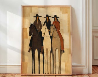 Retro Cowgirl Wall Art Print, Three Horse Riders, Abstract Western Folk Art,  Feminine Poster, Minimalist Ranch Decor, Horse Lover Gift