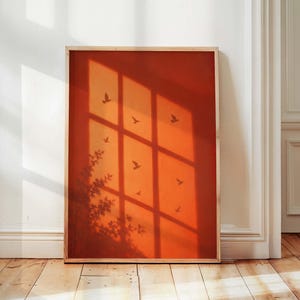 Orange Sunlight Window Shadow Wall Art Print, Aesthetic Bird Silhouette Art, Warm Minimalist Nature Decor, Atmospheric Zen Poster