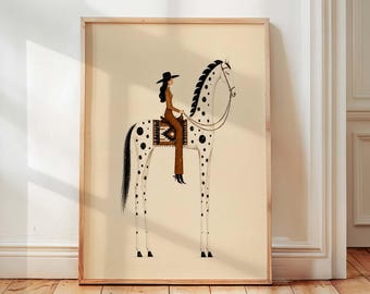 Cowgirl Print, Spotted Horse Illustration, Whimsical Western Home Decor, Abstract Folk Art Poster, Minimalist Ranch Decor, Horse Lover Gift