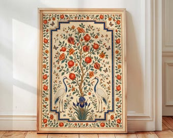Pomegranate Tree Wall Art Print, Indian Crane Poster, Mughal Floral Decor, Vintage Botanical Artwork, Maximalist Home Decor