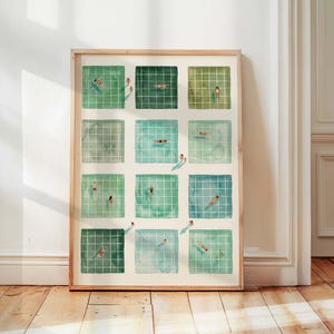 May include: A rectangular art print in a wooden frame featuring a grid of twelve square swimming pool illustrations. Each square displays varying shades of green and blue watercolor tiles with small figures swimming or standing on the pool edges.